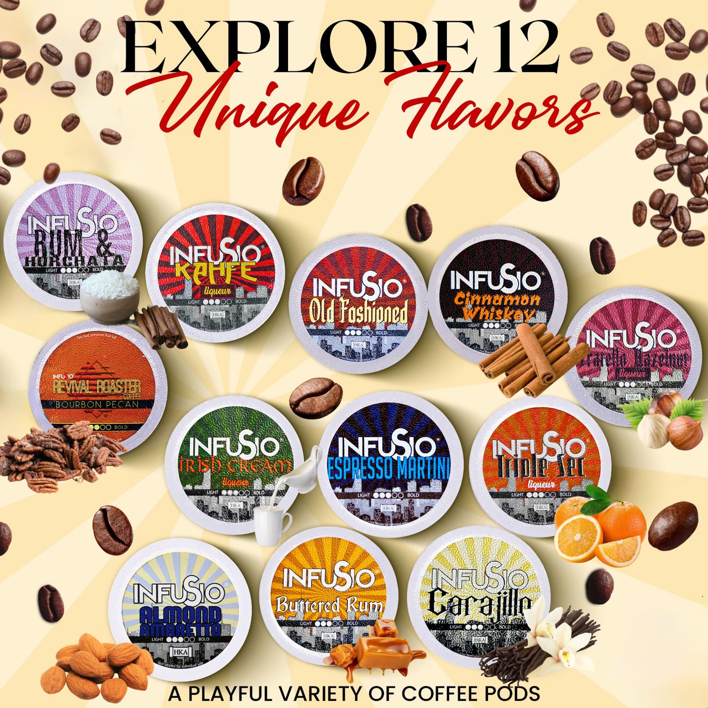 Spirited Sips: Cask & Coffee Collection, Cocktail-Inspired Coffee Pods – 120 Count Variety Pack, 12 Exquisite Flavors, Medium Roast, Compatible with Keurig Brewers