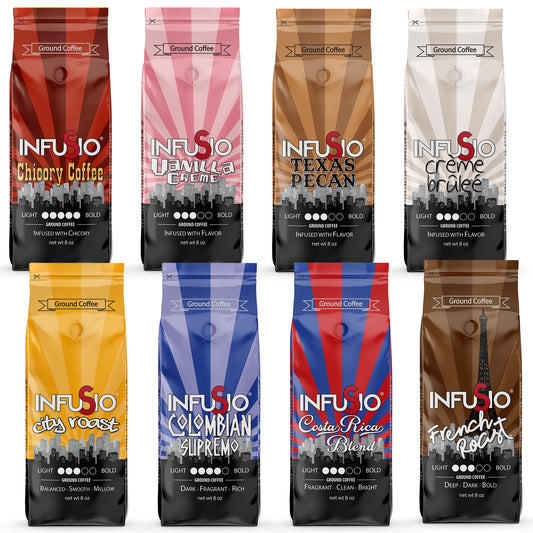 InfuSio Gourmet Whole Bean Coffee, (64oz) Variety Pack, Eight 8oz Bags (Pack of 8) - 4lbs Total - With Flavored Blends - Bagged Coffee