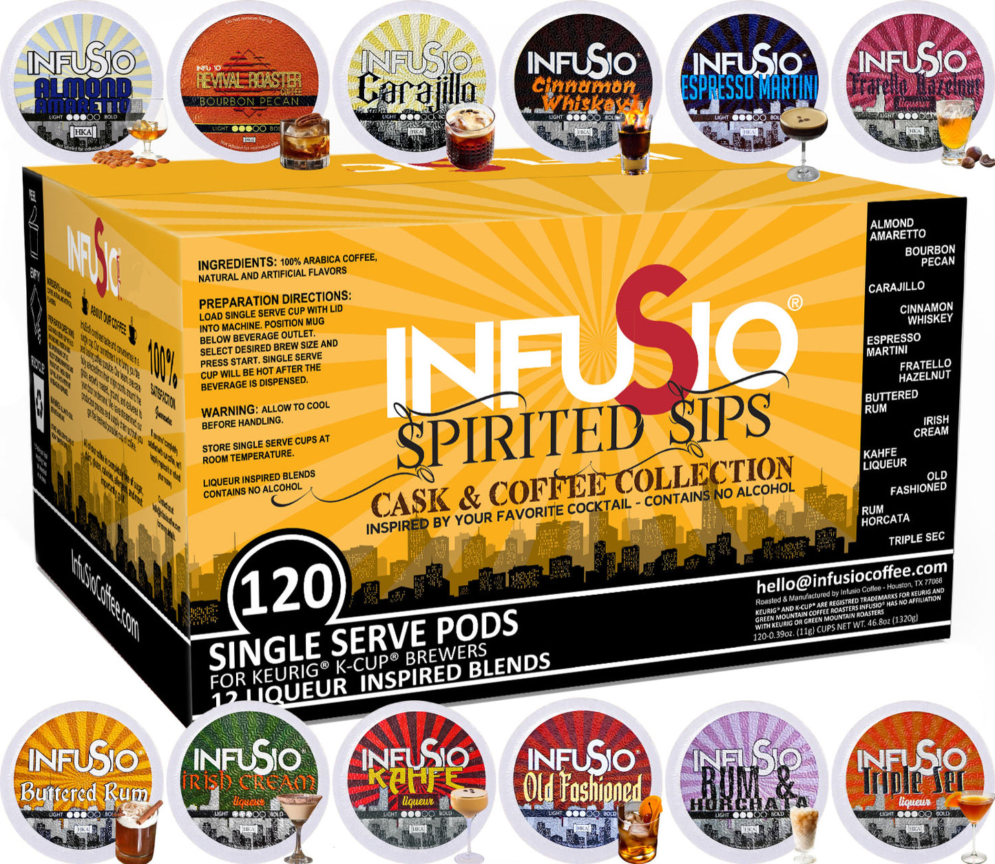 Spirited Sips: Cask & Coffee Collection, Cocktail-Inspired Coffee Pods – 120 Count Variety Pack, 12 Exquisite Flavors, Medium Roast, Compatible with Keurig Brewers