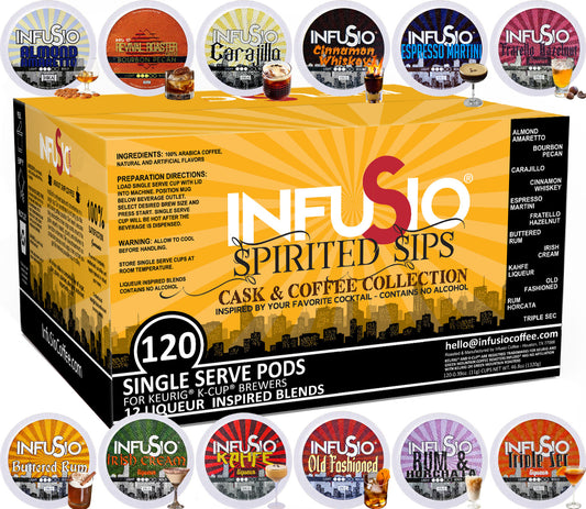 Spirited Sips: Cask & Coffee Collection, Cocktail-Inspired Coffee Pods – 120 Count Variety Pack, 12 Exquisite Flavors, Medium Roast, Compatible with Keurig Brewers