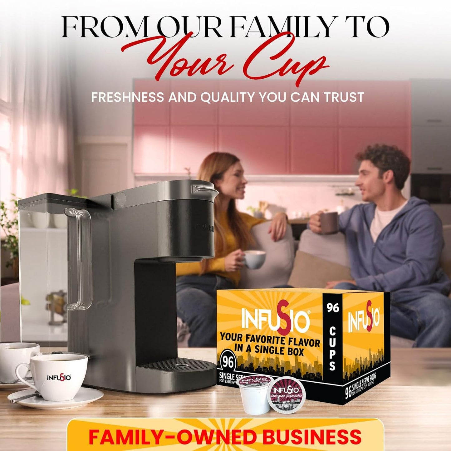 InfuSio Coffee Pods Ethiopian Yirgacheffe Gold Medium Light Roast Single serve Coffee pods for Keurig K Cup® Brewers - InfuSio Premium Roasted Keurig 2.0 Compatible