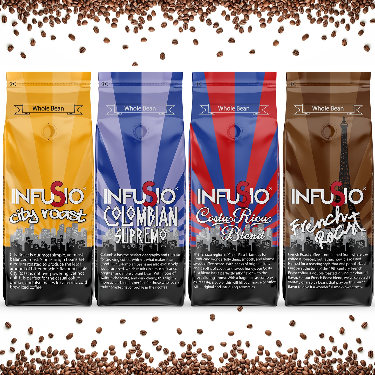 InfuSio Gourmet Whole Bean Coffee, (64oz) Variety Pack, Eight 8oz Bags (Pack of 8) - 4lbs Total - With Flavored Blends - Bagged Coffee