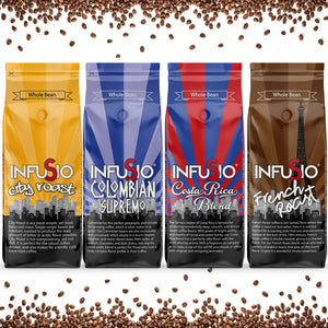 InfuSio Gourmet Whole Bean Coffee, (64oz) Variety Pack, Eight 8oz Bags (Pack of 8) - 4lbs Total - With Flavored Blends - Bagged Coffee